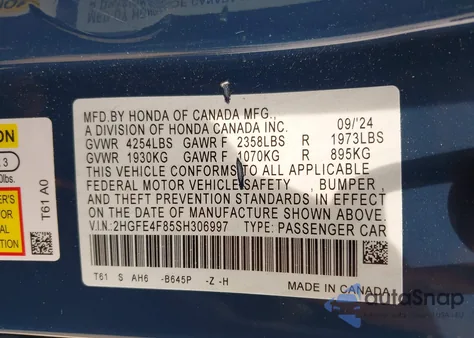 2025 Honda Civic Hybrid Sport/Sport Touring из США, поврежденный, VIN 2HGFE4F85SH306997